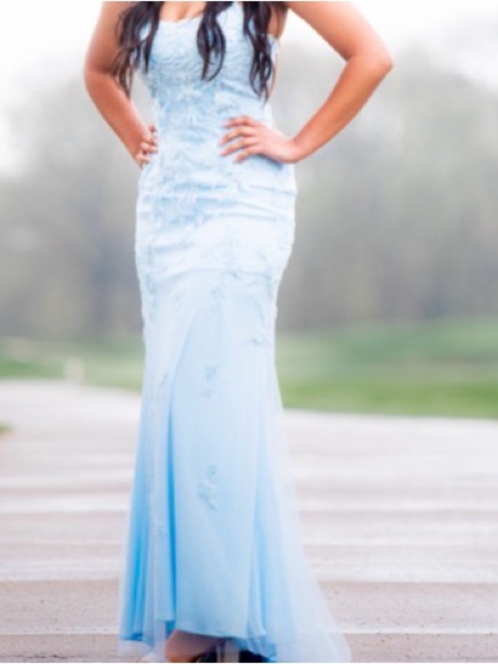 Faviana Sky Blue Backless Gown with Crisscross Ties